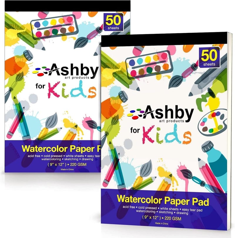 ASHBY 100 Sheets - Watercolor Paper Pads (9"x12") - Premium Thick Pages (220 GSM) - Also Great for Drawing, Finger Painting & Sketching; Easy Tear Design - Natural White; Water Color Paper/Watercolor Pads - Image 1